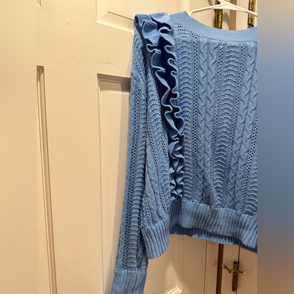 Flattering Robin Blue Lightweight Ruffle Sweater